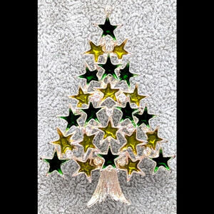 Silver Tone Metal Green Enamel Stars & Crystals Christmas Tree Brooch